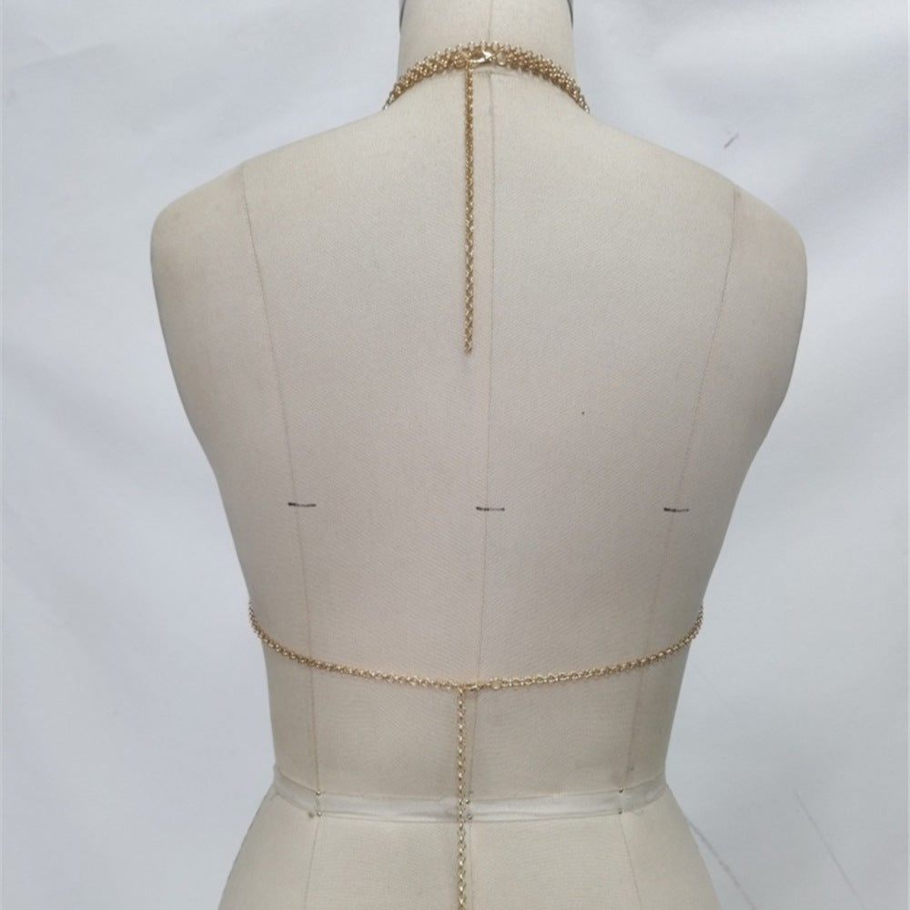 Beaded gem tassel chest vest back view with long gold chain tie and shoulder straps