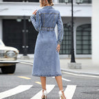 Collared Belted Long-Sleeve Denim A-Line Midi Dress