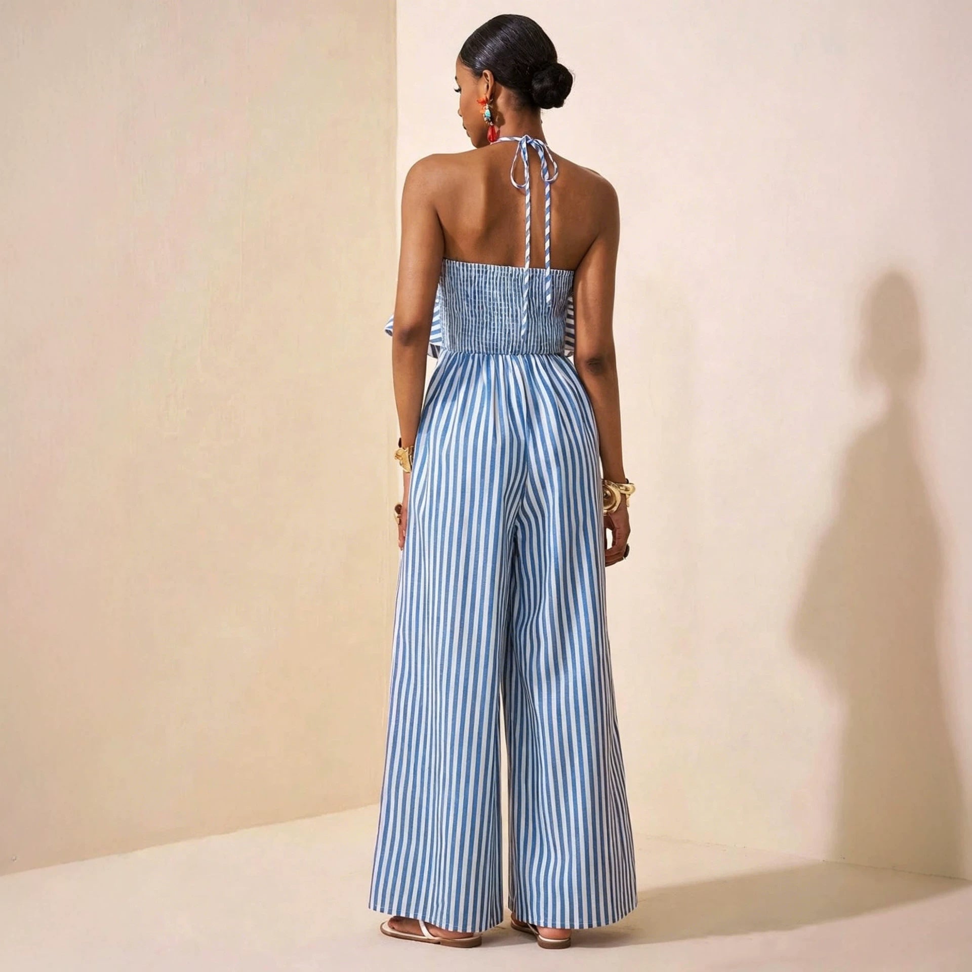 Elegant Office Lace up Halterneck Backless Striped Jumpsuit