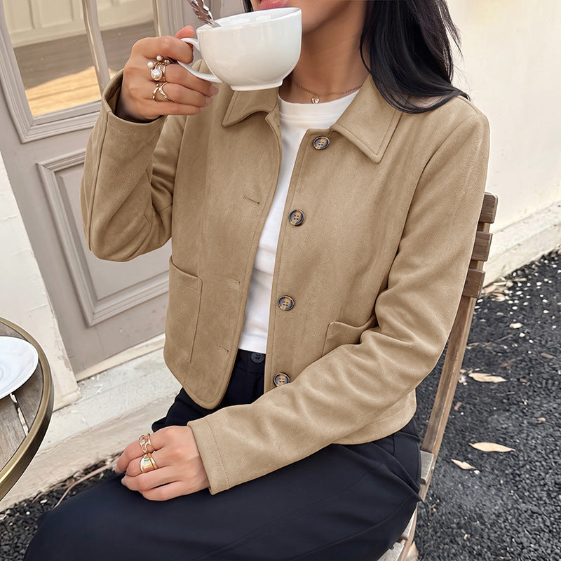 Women's Suede Short Coat With Lapels