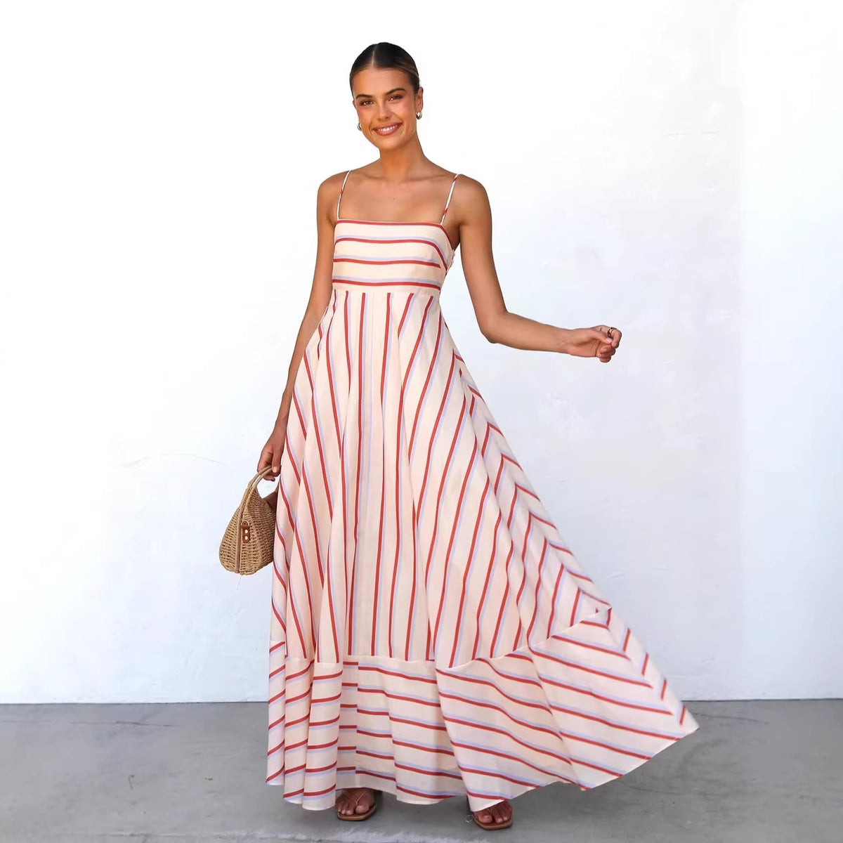 Cami Dress Striped Print High-Waist Big Swing Vacation