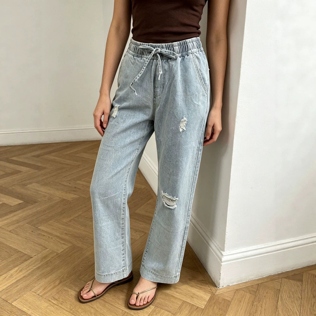 Source Elastic Waist Design Drawstring Casual Women Jeans