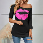 Women's T-Shirt Off Shoulder Irregular Asymmetric Sleeve Length Slim