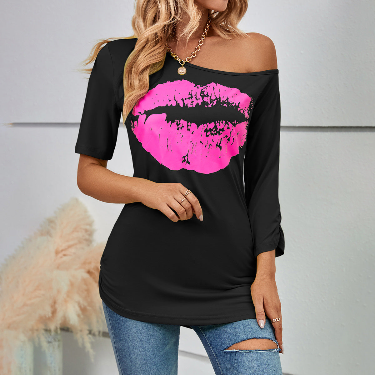 Women's T-Shirt Off Shoulder Irregular Asymmetric Sleeve Length Slim