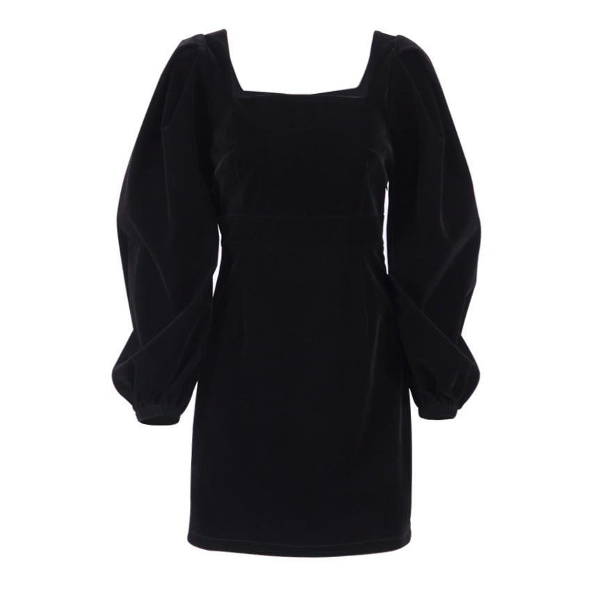 Autumn Winter Halloween Square Collar Black Long Pleuche Dress Hip
