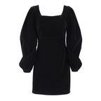 Autumn Winter Halloween Square Collar Black Long Pleuche Dress Hip