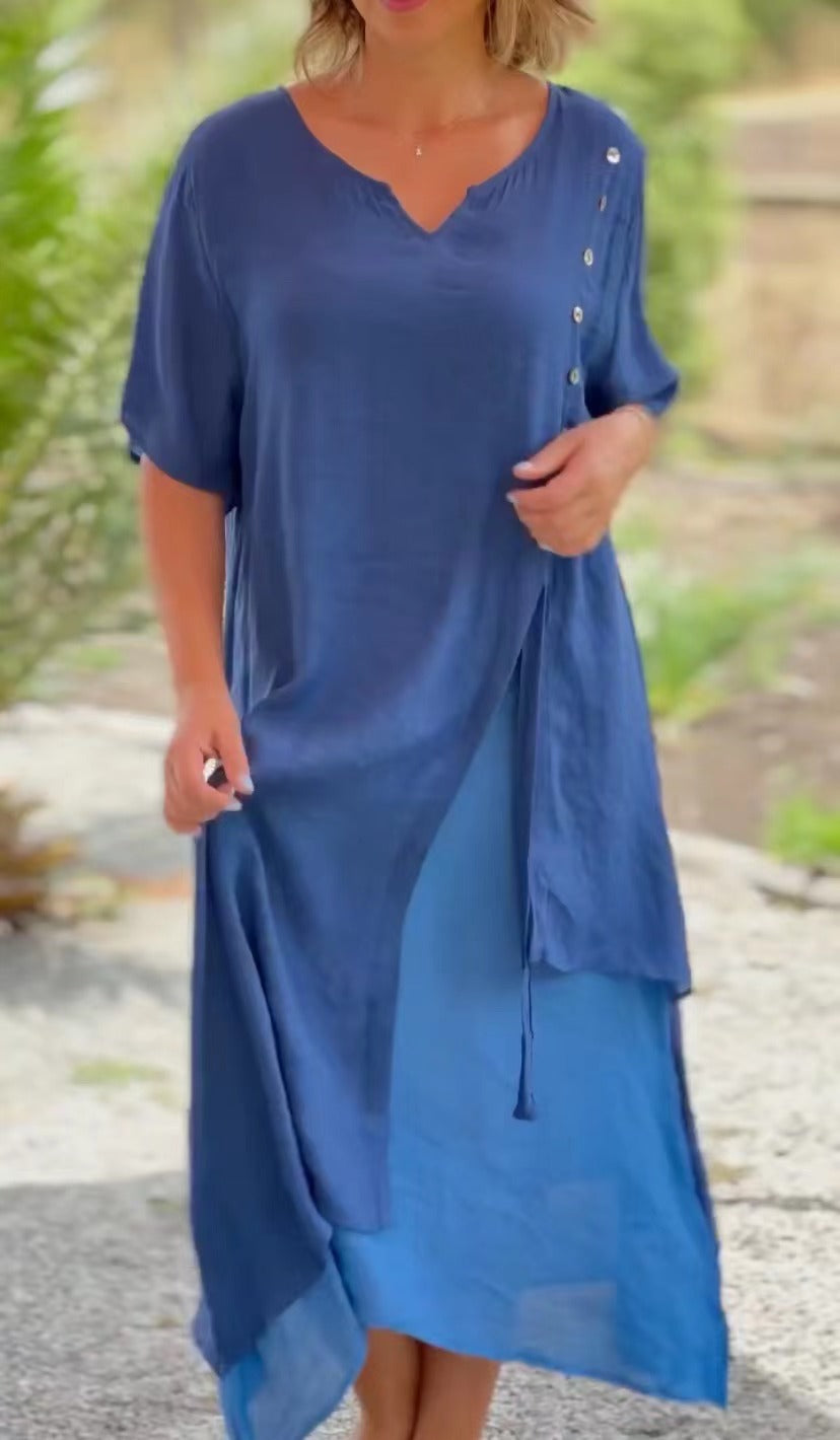V neck Short Sleeve Faux Two Piece Asymmetric Dress Spring Summer