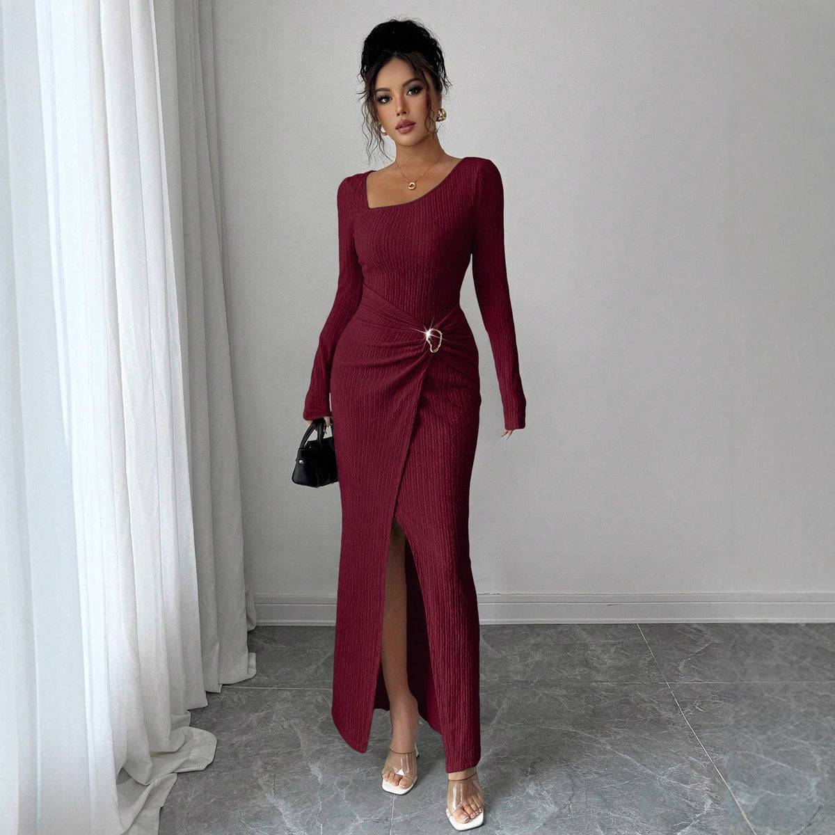 Asymmetric Solid-Color Maxi Dress