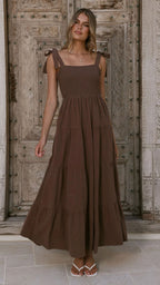 Dark brown sleeveless summer dress, square neckline, gathered tiered skirt, ankle length