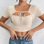 Women's Hollow Out Cutout Solid Color False Two Piece Set Top