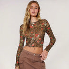 Women's Leopard Floral Mesh Long Sleeve Top