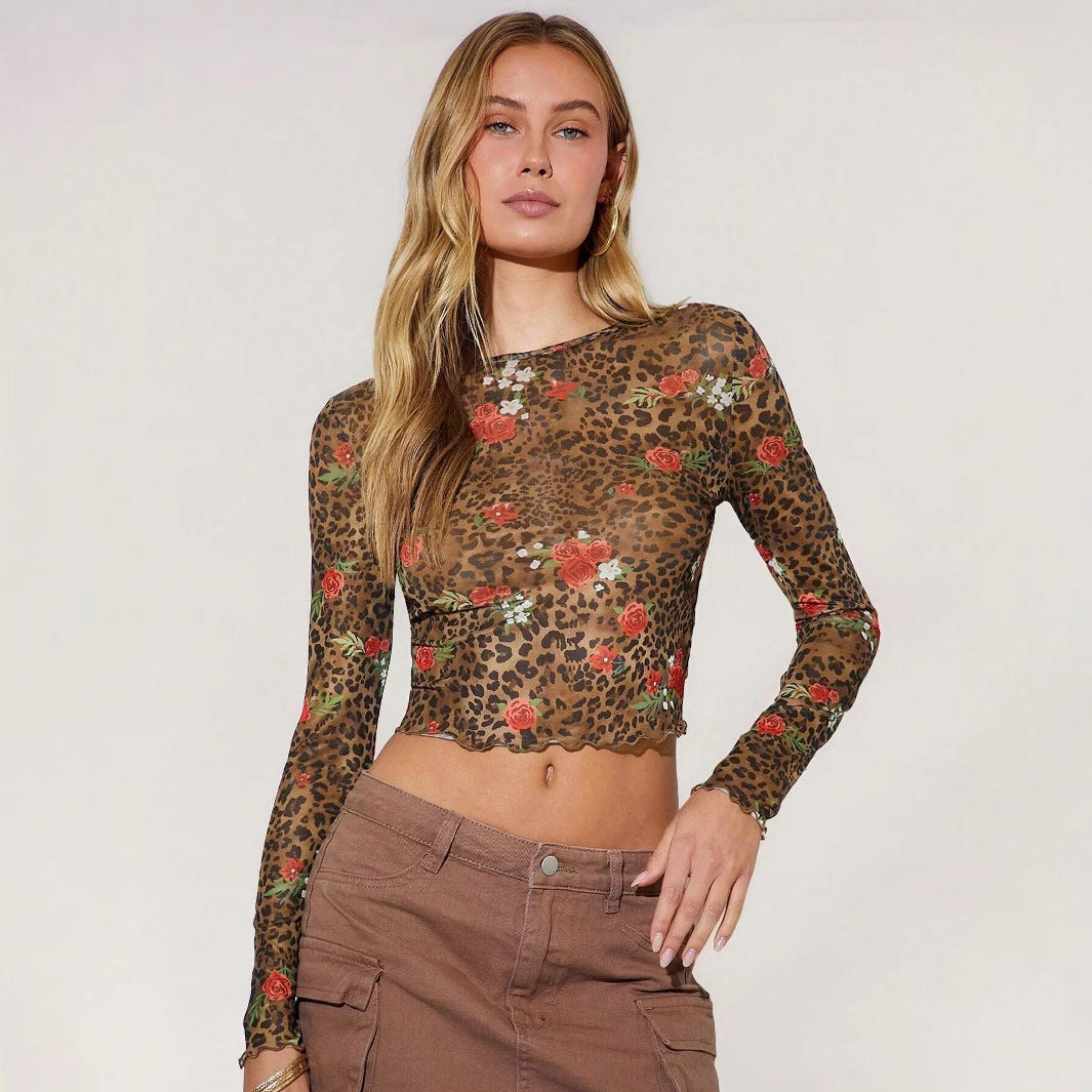 Women's Leopard Floral Mesh Long Sleeve Top