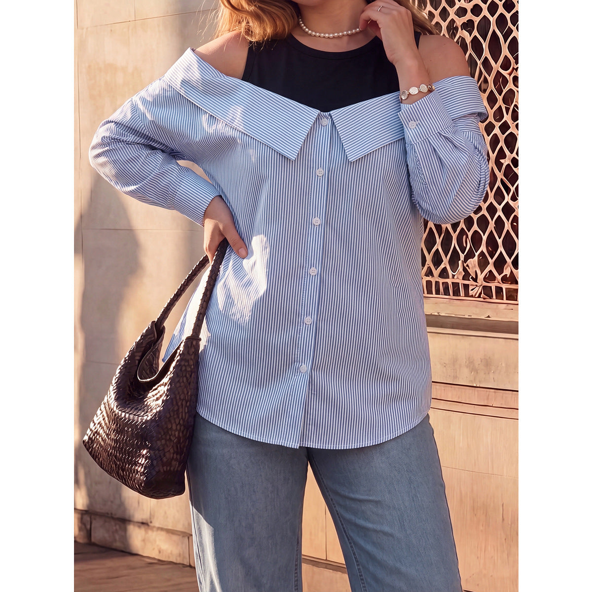 Plus Size Faux Two-Piece Striped Top