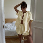 Idle Casual Set Women Lace up Short Sleeve Cardigan Top