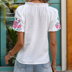 Women's Summer Women Raglan Sleeve Embroidered White Shirt Women