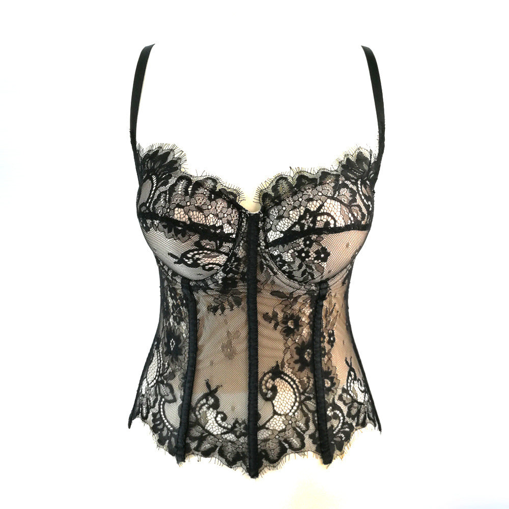 's Black Lace Cutout Camisole Slim Vest With Chest Pad Top