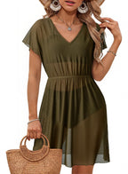 Olive V-neck short-sleeve dress with gathered waist and soft drape