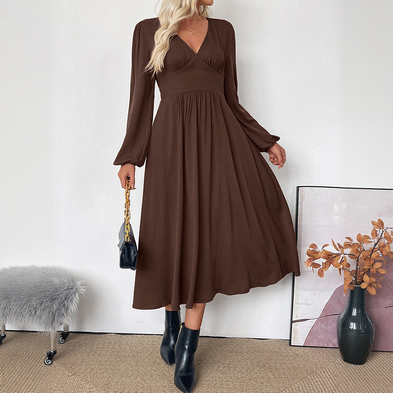 Autumn Elegant Retro Dress Tight Waist Deep V Plunge Neck Brown