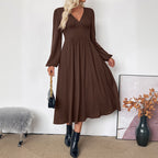 Autumn Elegant Retro Dress Tight Waist Deep V Plunge Neck Brown