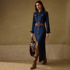 Collared Button-Front Long-Sleeve Denim A-Line Maxi Dress