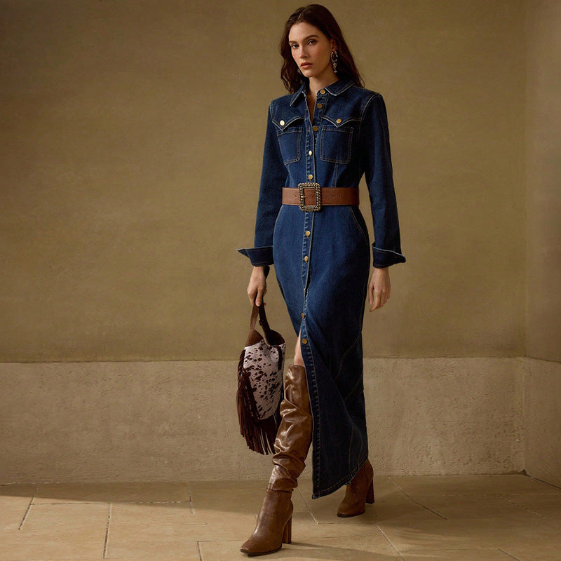 Collared Button-Front Long-Sleeve Denim A-Line Maxi Dress