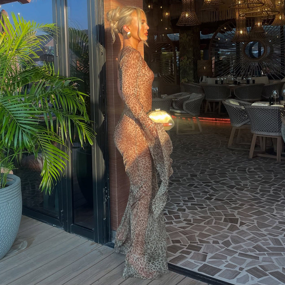 Women's Lace-Trim Animal-Print Maxi Dress