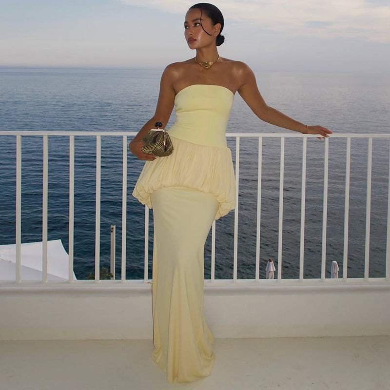 Women's Strapless Ruched Split Maxi Dress