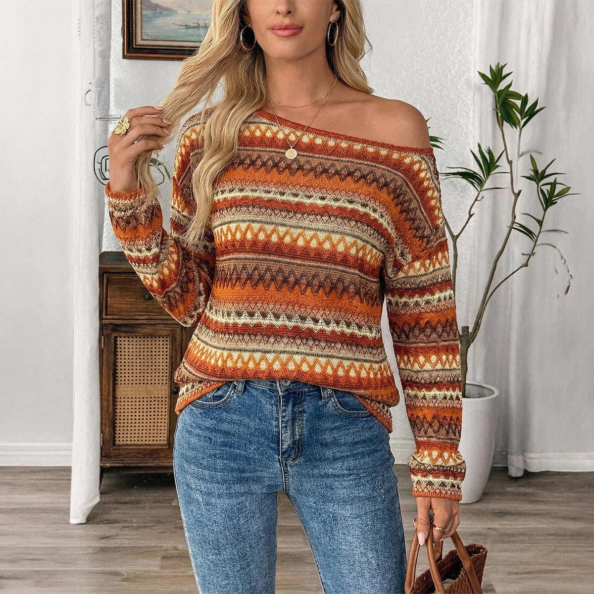 Women Clothing Summer Bohemian Contrast Color Striped off