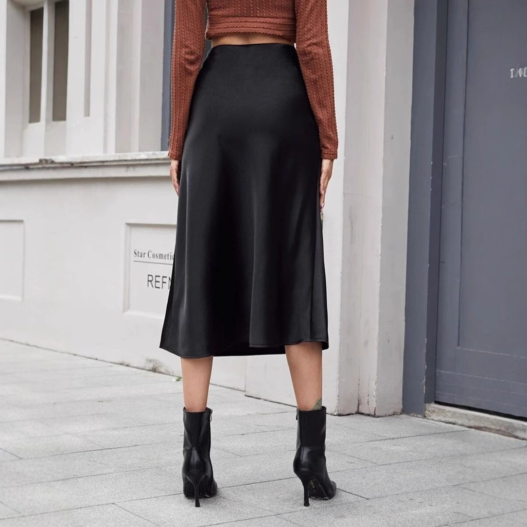 Women's High Waist Satin Midi Skirt