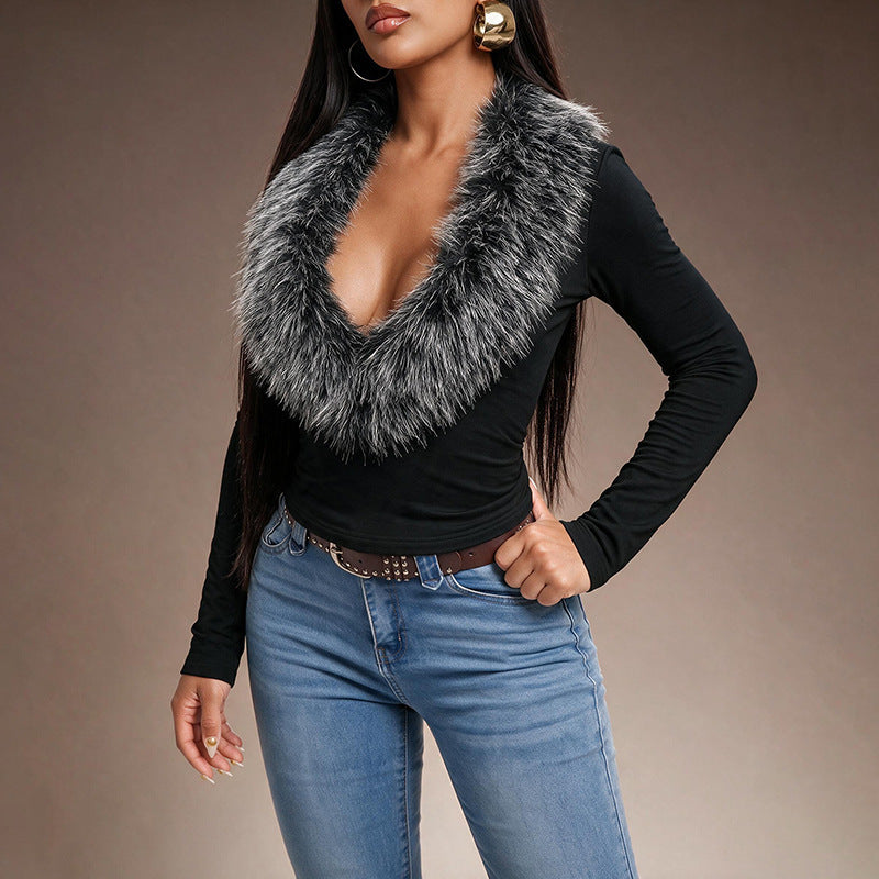 Women's Faux-Fur Collar Slim-Fit Top