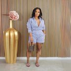 Spring Summer Casual Striped Button Collared Two-Piece Set