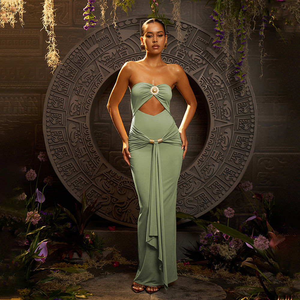 Women's Strapless Pleated Bodycon Maxi Dress