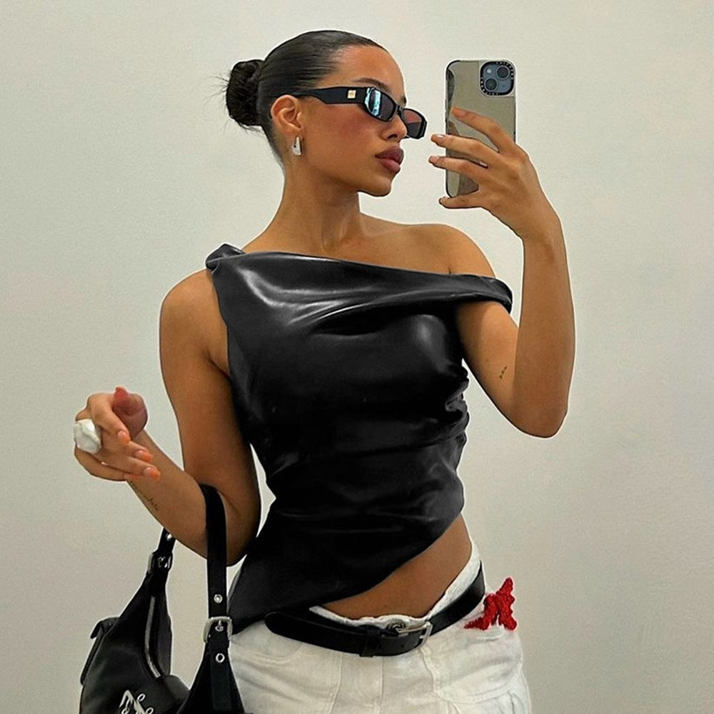 's Sleeveless Vest Leather Oblique Shoulder Personality