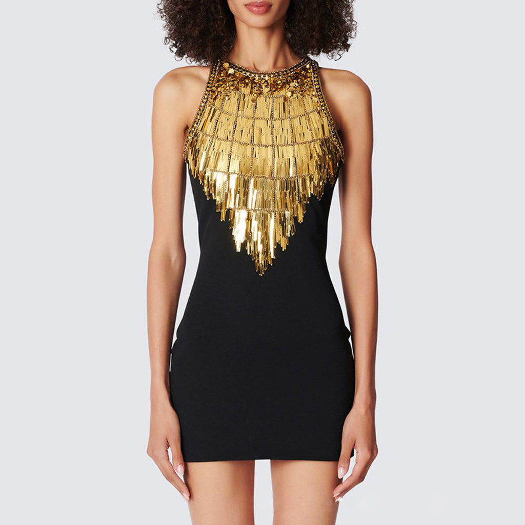 Sleeveless Slim Black Dress Light Luxury Embellished Beads Dre