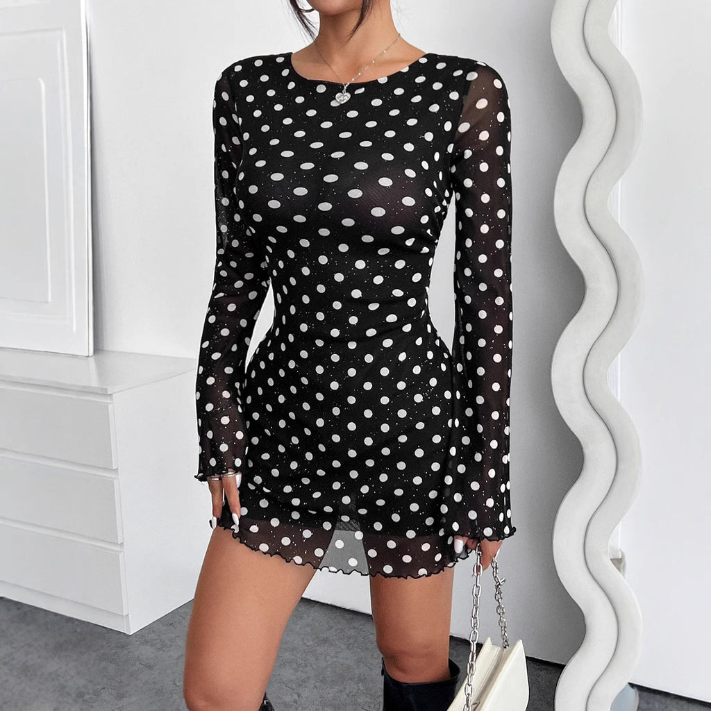 Polka Dot Backless Long-Sleeve Dress
