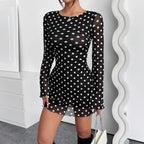 Polka Dot Backless Long-Sleeve Dress