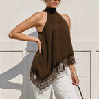 Women's Satin Halter Lace Asymmetric Top