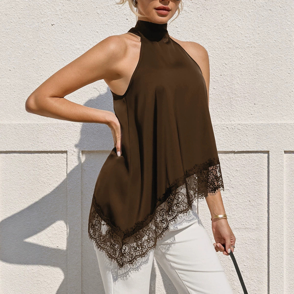 Women's Satin Halter Lace Asymmetric Top