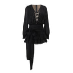 Autumn French Pure Lace Splicing V-Neck Long Sleeve Dress