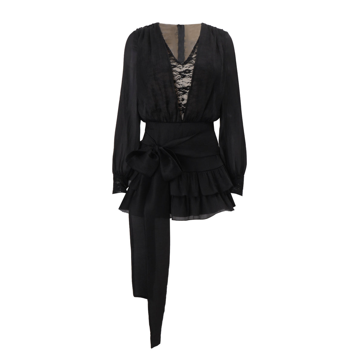 Autumn French Pure Lace Splicing V-Neck Long Sleeve Dress