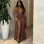 Women Clothing Solid Color Dress Sexy Sleeveless Deep V Plunge Neck Split Casual Waist Controlled Dress