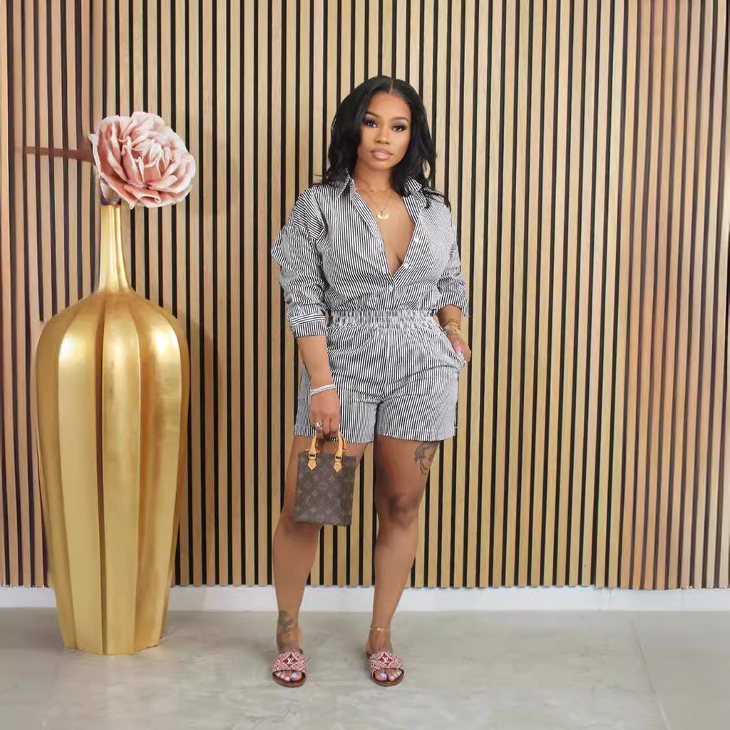 Spring Summer Casual Striped Button Collared Two-Piece Set