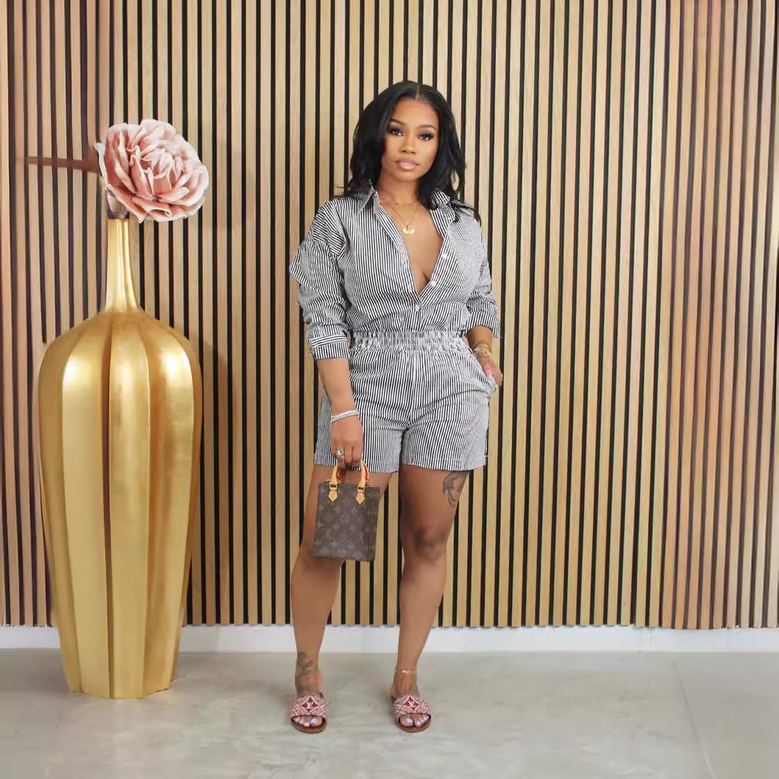 Spring Summer Casual Striped Button Collared Two-Piece Set