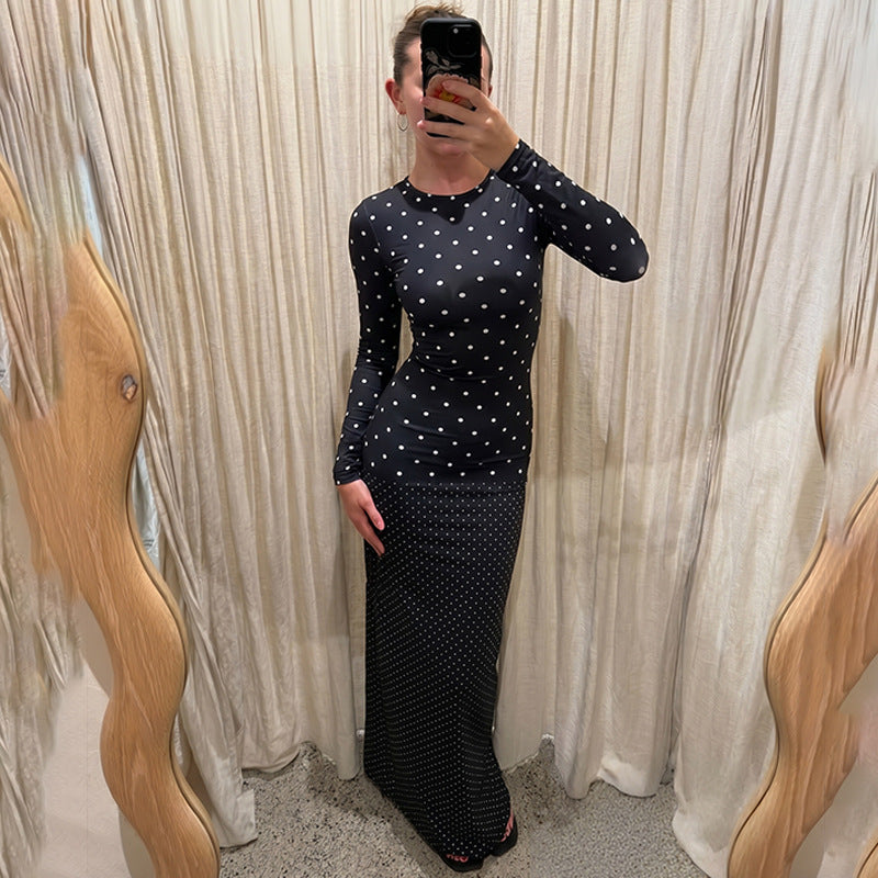 Women's Polka Dot Long Sleeve Maxi Dress