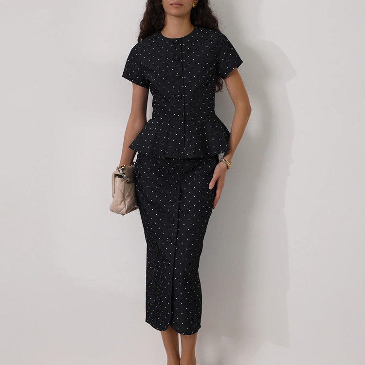 Polka-Dot Cardigan Top & Hip Skirt Set
