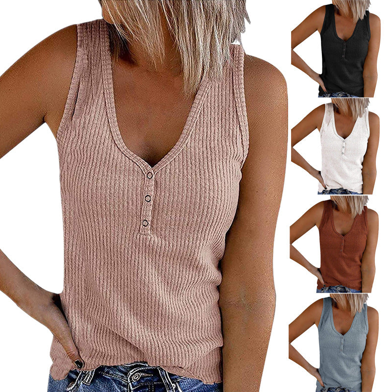 Women's V-Neck Button Sleeveless Vest Top