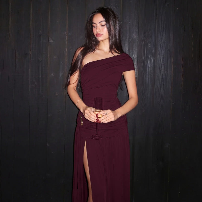 Burgundy off-shoulder long dress with ruched drape bodice and side slit