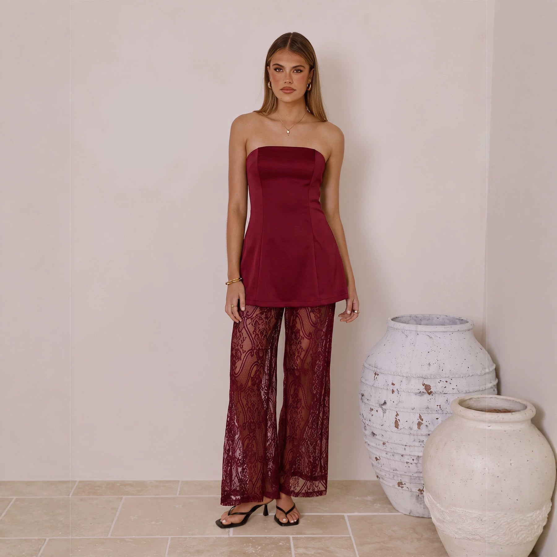 Women's Strapless Top & Wide-Leg Pants Set