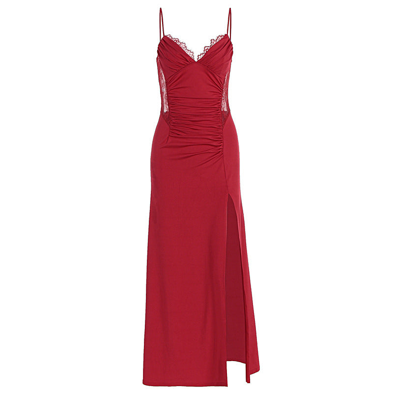 Red pleated slip dress with lace-trim straps and front side slit
