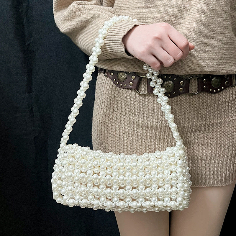 Women High End Imitation Pearl Handbag Underarm Bag All Match Simple Woven Shoulder Handbag